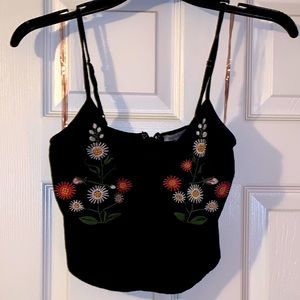 Black suede floral embroidered crop top